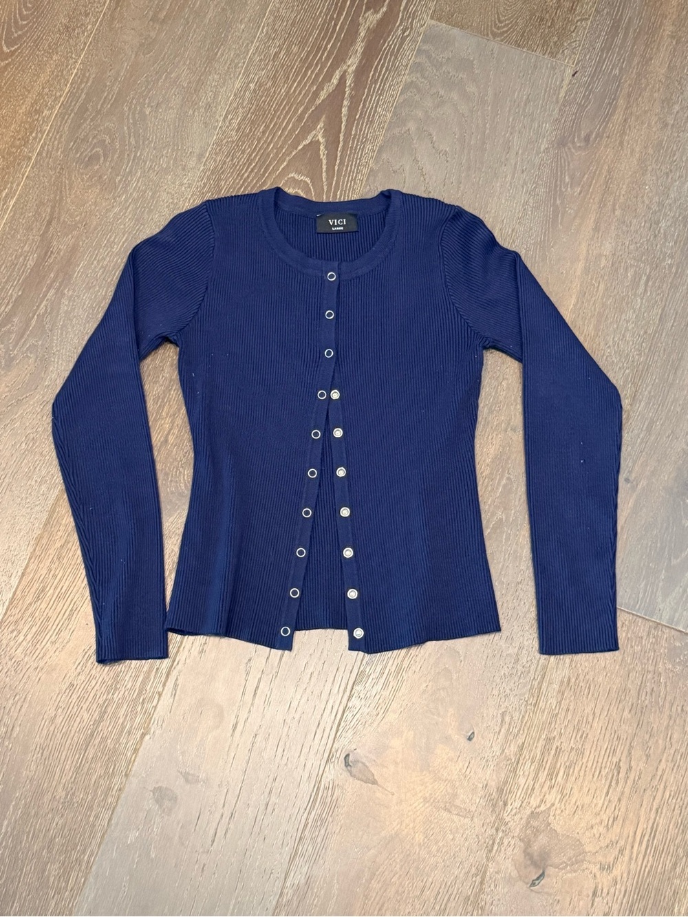 Vici Navy Ribbed Button-Up Cardigan - Picture 2 of 5